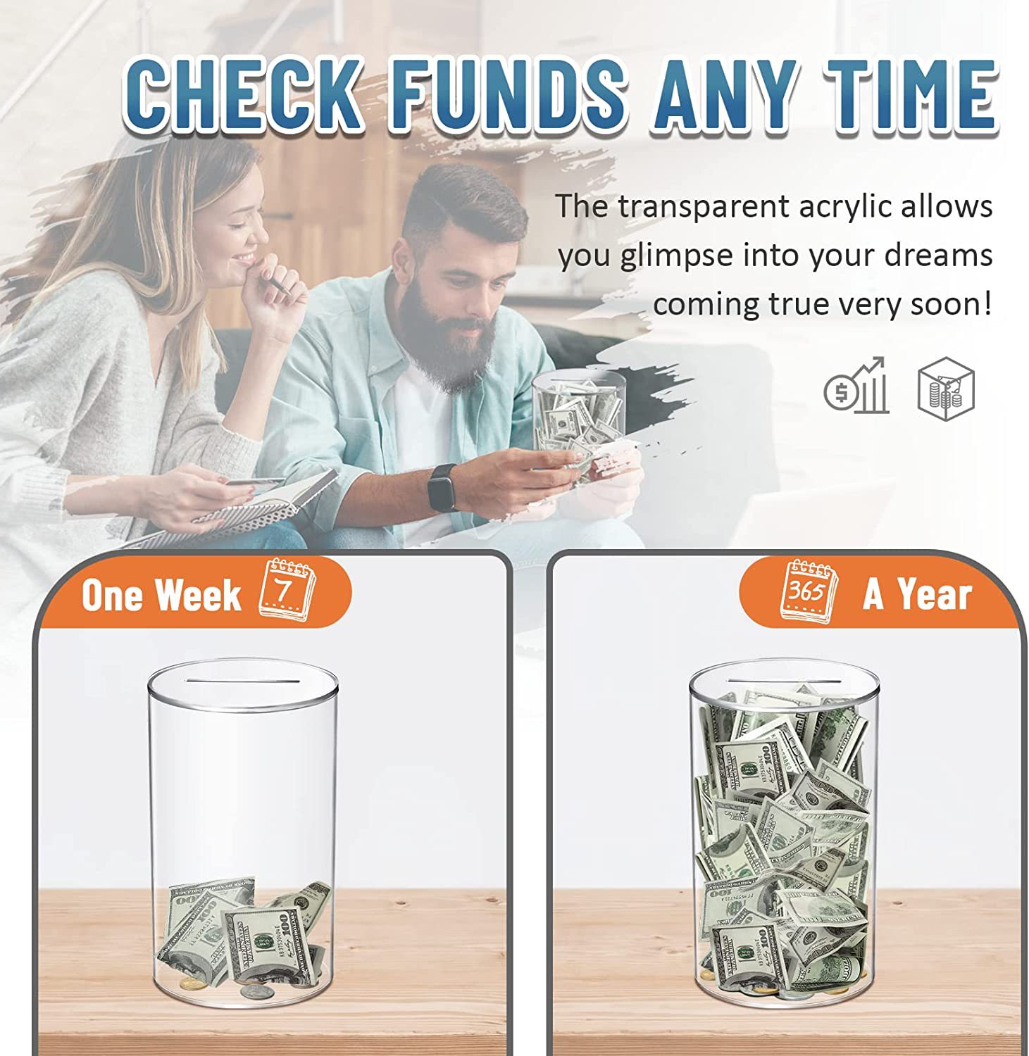 Cylindrical Transparent Piggy Coin Bank Money Box Only Deposit And Not Withdraw