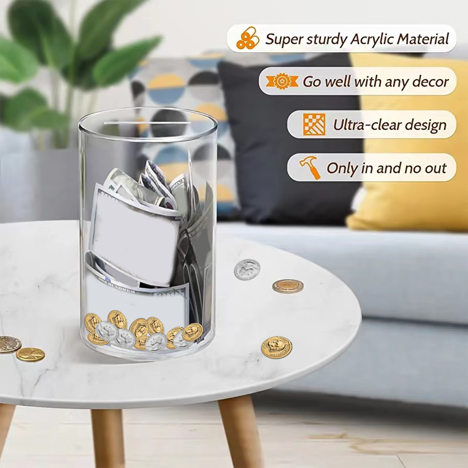 Cylindrical Transparent Piggy Coin Bank Money Box Only Deposit And Not Withdraw