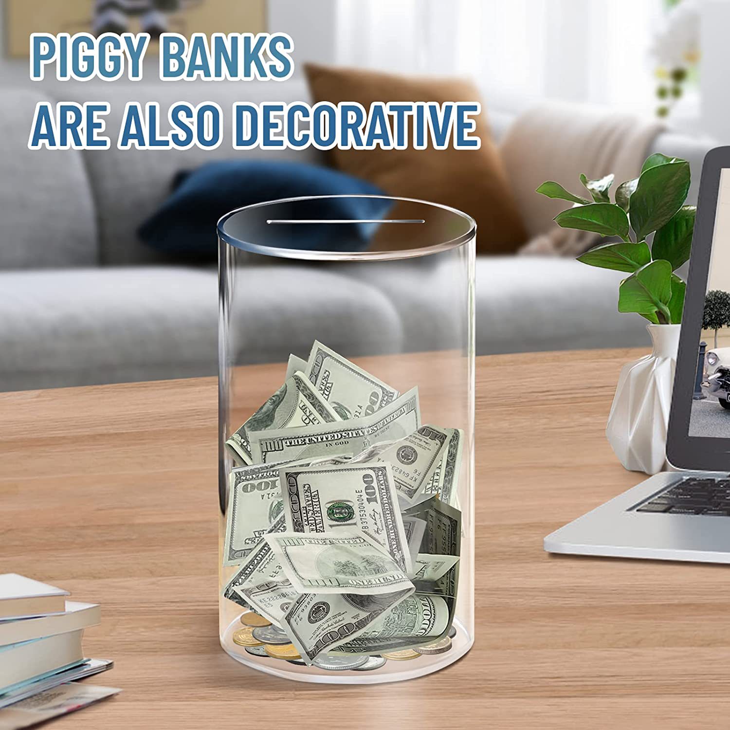 Cylindrical Transparent Piggy Coin Bank Money Box Only Deposit And Not Withdraw